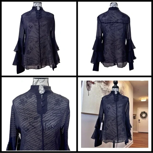 Olivia Palermo x Chelsea Blouse w/ Bell Sleeves & Mandarin Collar. Navy. Medium - Picture 11 of 12